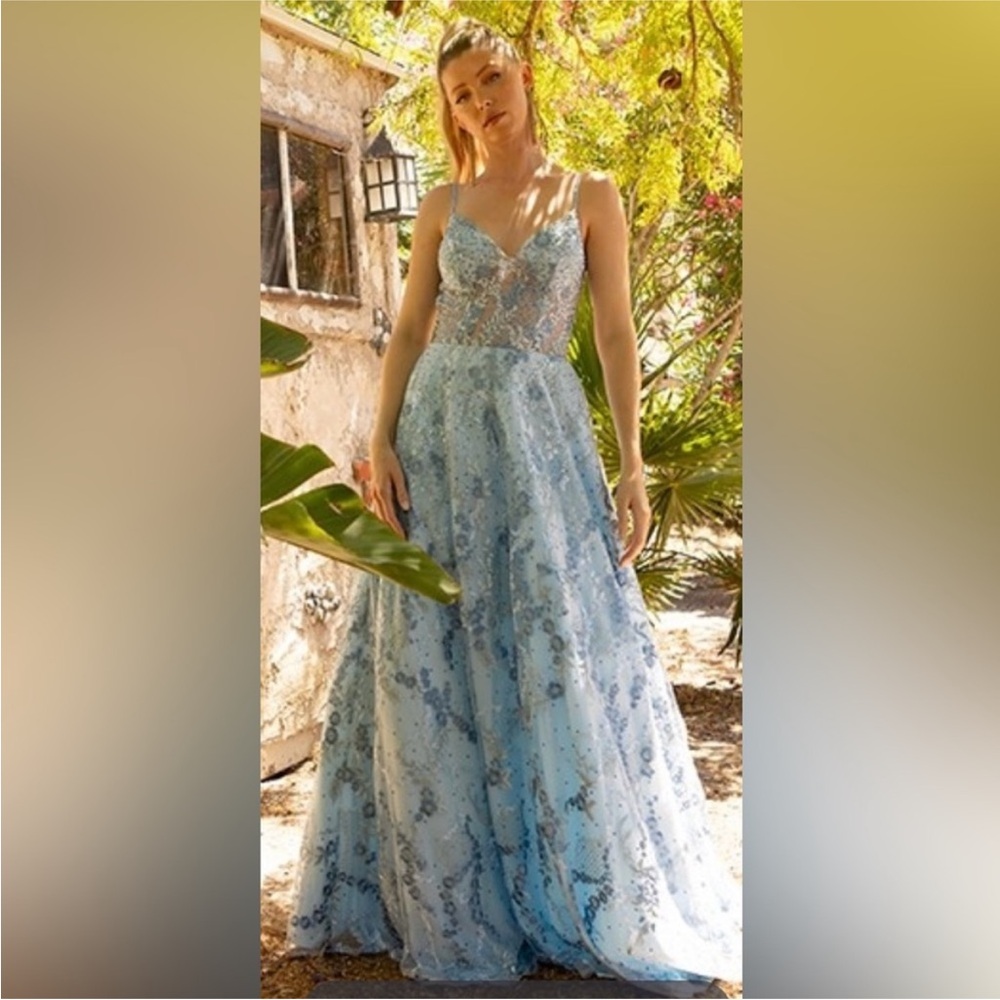 180 NWT Luccj Lu $473 Stunning Blue Lace Evening Gown Size 10 - Picture 1 of 10